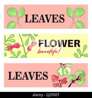Werbebanner-Designs mit Blättern und Blumen. Bunte Banner auf pastellfarbenem Hintergrund mit Blüten. Pflanzen- und Gartenkonzept. Vorlage für Poster Stock Vektor