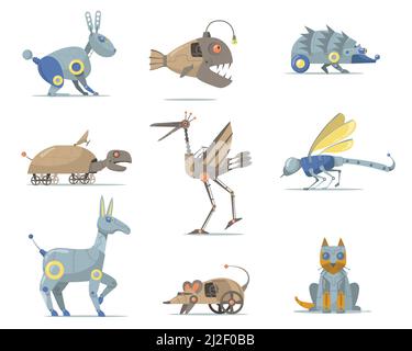 Roboter-Tierset. Cyber Dog, Fisch, Schildkröte, Katze, Mund, Vogel, Insekt isoliert auf Weiß. Vektor-Illustration für mechanische Roboter-Spielzeug, moderne Machi Stock Vektor