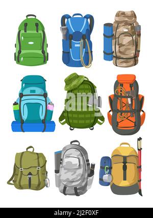 Camping Rucksäcke Set. Große Rucksäcke mit Ausrüstung zum Wandern, Bergwandern, Klettersport isoliert auf Weiß. Vektorgrafiken für Abenteuer Stock Vektor