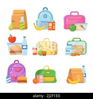 Schule Lunchboxen für Kinder Vektor-Illustrationen-Set. Kollektion von Lunchboxen mit gesunder Ernährung in Rucksäcken für Kinder auf weißem Hintergrund. Mittagessen Stock Vektor