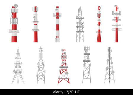 Satz von Cartoon Radio Türme Vektor Illustration. Broadcast-Geräte, die Telekommunikationsmasten und Funkstationen darstellen, die Satelliten übertragen Stock Vektor