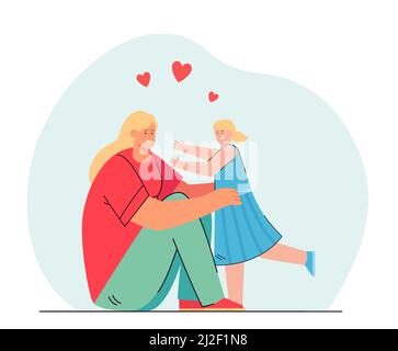 Cartoon Mutter und Tochter umarmt. Flache Vektorgrafik. Frau sitzt auf dem Boden und umarmt kleines Mädchen in blauem Kleid. Familie, Fürsorge, Liebe, Paren Stock Vektor