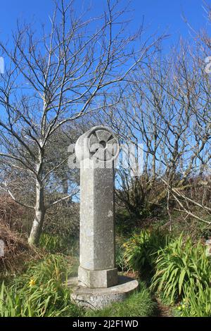 Keltisches Kreuz am Holy Well, Sancreed, West Cornwall, England, Großbritannien Stockfoto