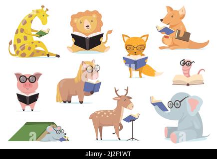 Smarte Tiere in Brillen Bücher lesen Flat Set für Webdesign. Cartoon niedlich Elefant, Giraffe, Löwe, Fuchs, Schwein halten Buch isoliert Vektor illustrati Stock Vektor