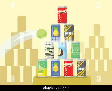 Cartoon Pyramide von Limonadendosen flache Vektor-Illustration. Tennisball, der in eine Pyramide aus verschiedenen Getränkedosen fliegt, die auf der Vitrine ausgestellt sind. Getränke, s Stock Vektor