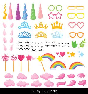 Cartoon Einhorn Elemente Vektor Illustrationen Set. Sammlung von Hörnern, Ohren, Kronen, Gläser, Frisuren, Wolken, Regenbögen isoliert auf weißem Backgrou Stock Vektor