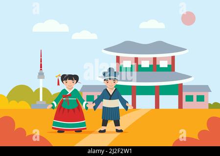 Asiatische junge und Mädchen in traditionellen Kleidern halten Hände. Cartoon koreanische Charaktere tragen alte Kostüme, Herbst Hintergrund mit asiatischen Gebäude und Stock Vektor