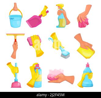 Cartoon Hand des Reinigungssets. Arm trägt Gummihandschuh, hält Bürste, Seife, Waschmittel Bleichflasche, Schwamm, Eimer. Vektorgrafik für die Reinigung Stock Vektor