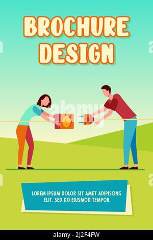 Zwei Personen, die Stecker und Buchse anschließen. Mann und Frau ziehen Kabel mit Steckdose und Stecker flache Vektor-Illustration. Drahtanschluss, Elektrizitätskonzept Stock Vektor