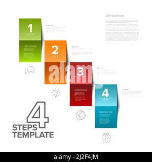 Vektor vier einfache bunte gefaltete Papier Schritte Fortschritt Vorlage mit Beschreibungen und Symbolen. Diagonal Set od gefaltete Papiere als vier Schritte des Verfahrens Stock Vektor