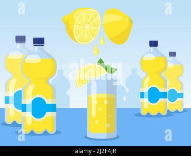 Cartoon Limonade in Glas und Flaschen flache Vektor-Illustration. Prozess der Herstellung von gelber Limonade mit geschnittenen Zitronen auf blauem Hintergrund. Getränke, bever Stock Vektor