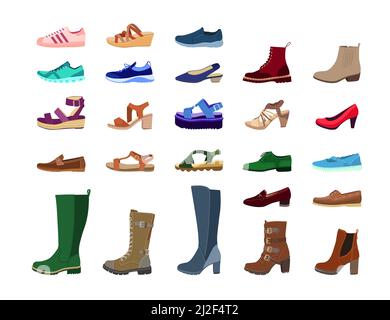 Kreative Frauen Schuhe flache Bilder für Web-Design gesetzt. Cartoon stilvolle Sommer Sandalen und Herbst Stiefel, Running Sneaker isoliert Vektor Stock Vektor