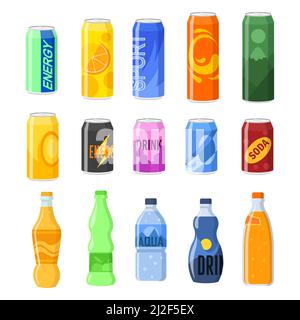 Getränke in Dosen und Plastikflaschen Vektor Illustrationen Set. Sammlung von Soft-, Energie- und kohlensäurehaltigen Getränken, Soda, Wasser, Saft, Limonade, Isoliert auf WH Stock Vektor