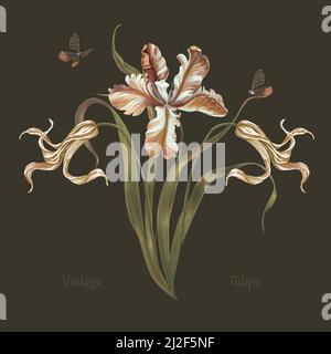 Vintage botanische Illustration. Anmutige Frühlingszwiebeln und Schmetterlinge. Handzeichnung Aquarell, Malerei auf Leinwand, Innenposter, Blumenarrangeme Stockfoto