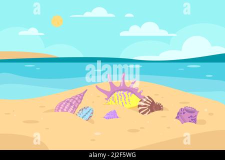 Verschiedene bunte Muscheln auf Meeresküste Vektor-Illustration. Muscheln verschiedener Formen in Sand, Meer oder Meer, sonniges Wetter, blauer Himmel, Wolken. Holi Stock Vektor