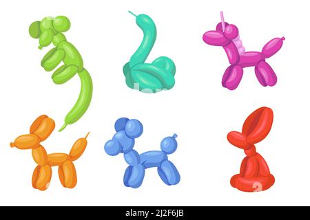 Kreative bunte Helium Ballon Tiere flache Illustration Set. Cartoon niedlichen Latex Hund, Affe, Schlange, Pferd isoliert Vektor Illustration Sammlung. Stock Vektor