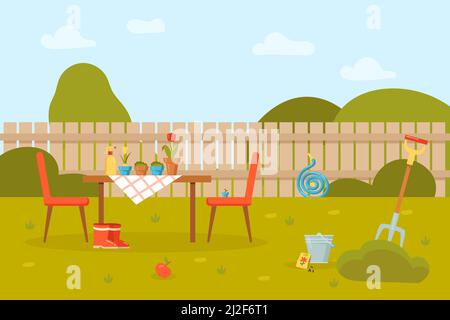 Blumen in Töpfen auf Tisch und Stühlen im Garten mit Zaun. Stiefel, Pitchfork, Blumen wachsen in Töpfen, Packung Samen, Schlauch Cartoon Vektor-Illustration. Stock Vektor