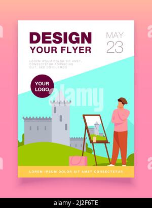 Kreative Künstler Malerei Burg. Pinsel, Landschaft, Landschaft flache Vektor-Illustration. Kunst und Kreation Konzept für Banner, Website-Design oder Landung wir Stock Vektor