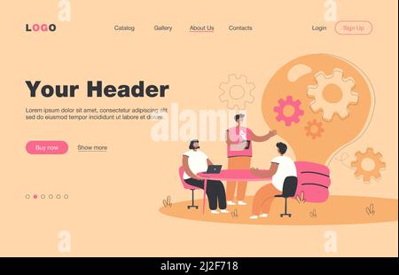 Kreative Büromitarbeiter diskutieren Ideen im Team isoliert flache Vektor-Illustration. Zeichentrickfilme, die am Schreibtisch sitzen, sich treffen, Brainstorming und Coworki Stock Vektor