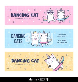 Tanzende Einhorn Katzen Banner Set. Niedliche Baby-Caticorns mit Regenbogenschwänzen mit lustigen Vektor-Illustrationen mit Text. Magic Kitty Konzept für Party-Flye Stock Vektor