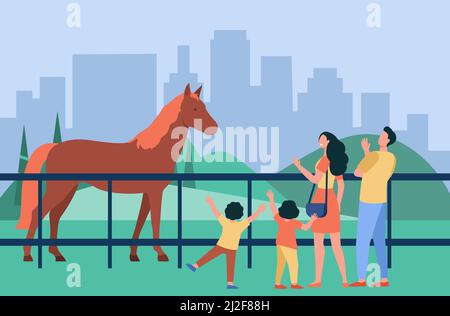 Familie schaut auf Pferd im Stadtpark. Eltern und Kinder besuchen Zoo oder Hippodrom. Flache Vektorgrafik. Tiere, Familie, Unterhaltungskonzept für Stock Vektor