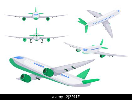 Flugzeug aus verschiedenen Winkeln Vektor flache Illustrationen gesetzt. Flugzeug fliegen und landen, Vorderansicht des Düsenstrahls isoliert auf weißem Hintergrund. Urlaub, aviat Stock Vektor