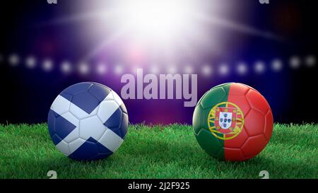 Zwei Fußballbälle in Flaggen-Farben auf Stadion verschwommener Hintergrund. Schottland und Portugal. 3D Bild Stockfoto