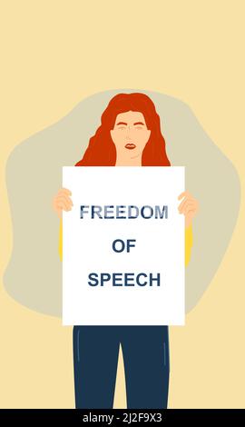 Konzept der Redefreiheit. Feminismus. Eine Aktivistin mit einem Plakat. Stock Vektor