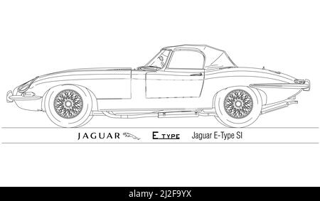 Jaguar E Type SI Spider Oldtimer und Oldtimer, auf weißem Hintergrund umrissen, Abbildung Stockfoto