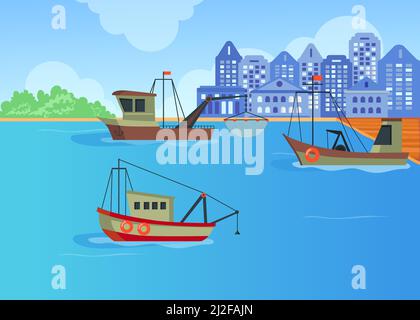 Cartoon Fischerboote im Hafen flache Vektor-Illustration. Drei Trawler verschiffen Meeresfrüchte in der Nähe des Landungspiers und im Hintergrund der Stadt. Meer, Meeresindustr Stock Vektor