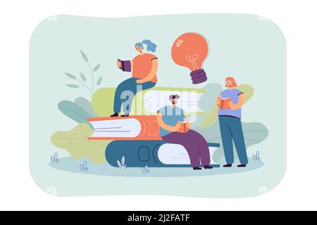 Glückliche kleine Studenten lesen Bücher flache Vektor-Illustration. Cartoon Bücherwurm Menschen sitzen oder stehen in der Nähe von großen Stapel von Büchern. Bibliothek und Bildung Stock Vektor