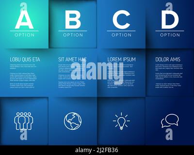 Tiefblaues Mehrzweck-Mosaik mit vier Buchstaben Optionen Infografik aus blauen farbigen Inhalt Quadrate mit Symbolen Buchstaben und Texte. Einfach bearbeitbar Stock Vektor