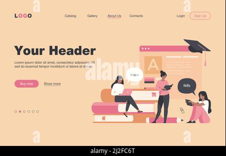 Glückliche Frauen lernen Sprache online isoliert flache Vektor-Illustration. Cartoon weibliche Charaktere, die individuelle Lektionen durch Boten. Educati Stock Vektor