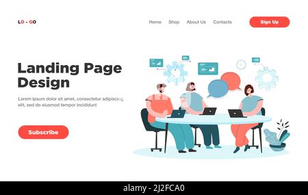 Cartoon Team Coworking Prozess flache Vektor Illustration. Menschen Figuren mit Laptops sitzen um den Tisch herum und plaudern. Prozess des Office-Workflows in Stock Vektor