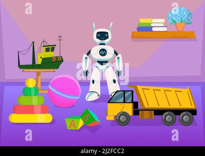 Sammlung von Spielzeug für Kinder im Kinderzimmer. Spielzeug Bau LKW und Boot, Roboter, Ball, Pyramide, Alphabet Blöcke, Bücher und Blumentopf im Regal Stock Vektor