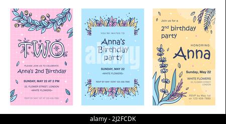 Einladungskarten mit Blumen Set. Blätter, Knospen, Zweige Vektor-Illustrationen mit Text, Zeit, Datum. Floristin oder Pflanzenshop, Frühlingskonzept für Flyer A Stock Vektor