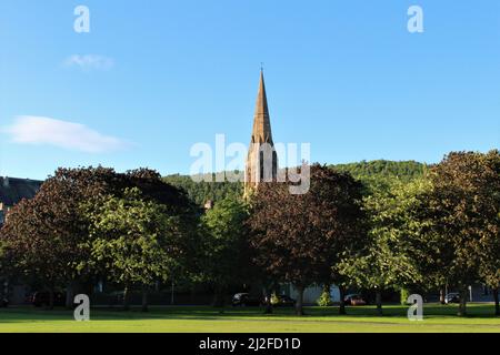 Tweed Green Trees mit Glentress im Hintergrund im Sommer (Peebles, Scottish Borders, Schottland) Stockfoto