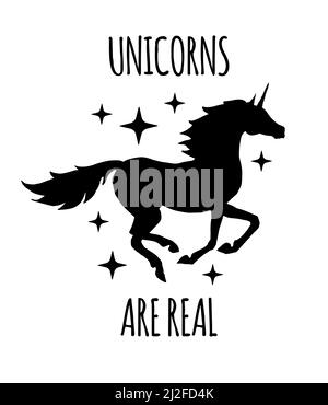 Vektor Einhorn Silhouette mit Zitat Karte isoliert auf weißem Hintergrund. Einhörner sind echte Schriftzüge Illustration Stock Vektor