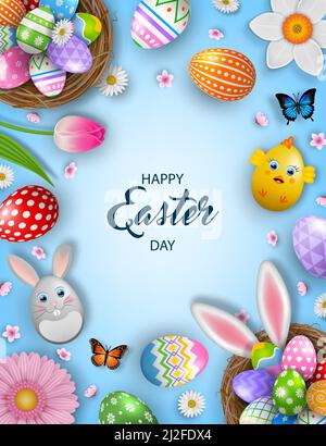 Fröhlicher osterhintergrund mit Eiern in den Nestern, Blumen und Schmetterlingen Stock Vektor