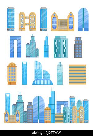 Verschiedene Wolkenkratzer Vektor-Illustrationen gesetzt. Sammlung von Hochhäusern in verschiedenen Formen, Fassaden von kommerziellen Komplexen auf Whi isoliert Stock Vektor