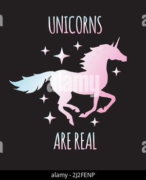 Vektor holographische Einhorn Silhouette mit Zitat-Karte isoliert auf schwarzem Hintergrund. Einhörner sind echte Schriftzüge Illustration Stock Vektor