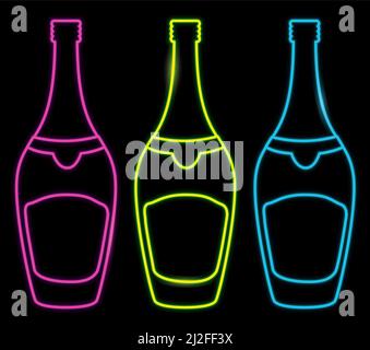 Set mit drei bunten Champagner-Flaschen in fuchsia, grün und blau, wie Neon-Schild. Stock Vektor