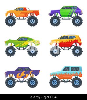 Monster Cars Set. Bunte Cartoon-Lastwagen auf großen Rädern, Spielzeug für Kinder isoliert auf weiß. Vektorgrafiken für Rennen, Wettbewerb, Automobil Stock Vektor