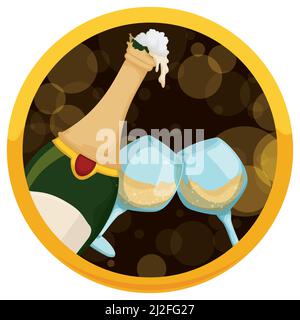 Goldener runder Knopf mit schaumiger Champagnerflasche und edlen Weingläsern auf dunklem Hintergrund mit Bokeh-Effekt. Stock Vektor