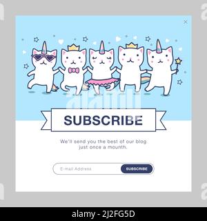 Rundschreiben-Design mit Einhorn-Katzen. Niedliche tanzende Caticorns mit Regenbogenschwänzen Vektor-Illustration mit Abonnent-Taste, Feld für E-Mail-Adresse. Party Stock Vektor