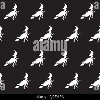 Vektor nahtlose Muster der weißen Hexe Silhouette fliegenden Besen auf schwarzem Hintergrund isoliert. Halloween-Illustration Stock Vektor