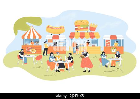 Menschen essen im Food Court. Flache Vektorgrafik. Cartoon-Charaktere verbringen Zeit mit Freunden, verschiedene Fast Food, Pizza, Burger, Chin kaufen Stock Vektor