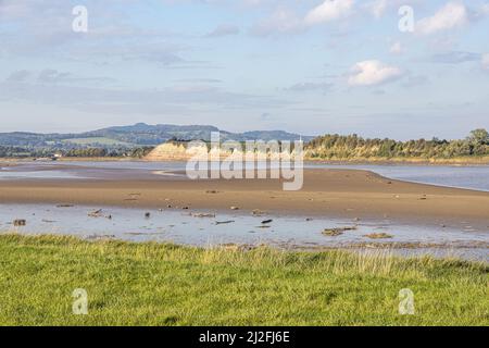 Der Fluss Severn bei Ebbe in Arlingham, Gloucestershire, England Großbritannien - Westbury Garden Cliff liegt am anderen Ufer. Stockfoto