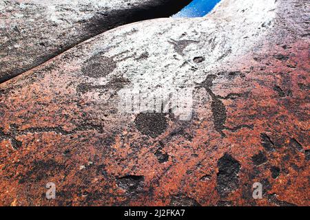 Alte Felszeichnungen am Ufer des Onega-Sees. Geschnitzt auf einer Granitplatte. Kap Besov Nos, Karelien, Russland - 15. August 2021. Stockfoto