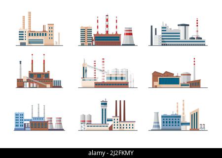 Anlagen und Fabriken eingestellt. Industriegebäude mit weißen Rauchrohren. Vektor-Illustration für die Herstellung in der Stadt, Industrie, Abgas Stock Vektor